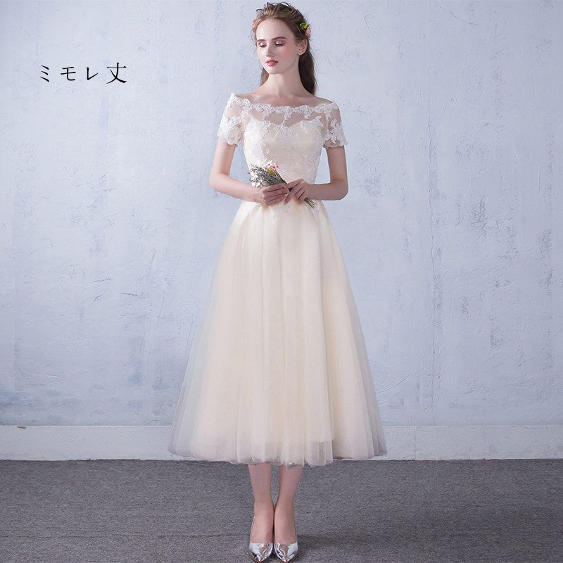 市場 ドレス 花嫁 アシンメトリー ミニドレス個性派 編み上げタイプ ウェディングドレス 二次会 ミモレ丈 ウエディングドレス レース