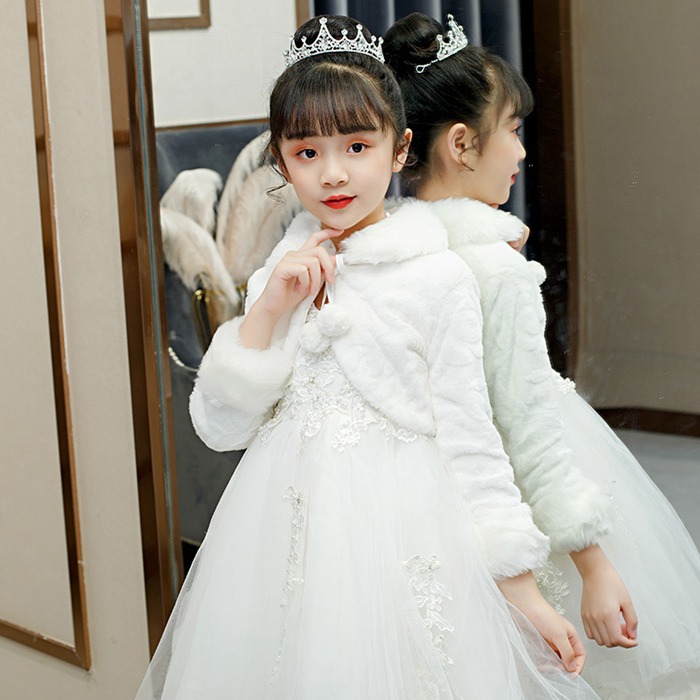 ポンポン付き子供ファーボレロ 子供ドレス 100 115 130cm お子様 ふんわりボレロ カーディガン キッズフォーマル ドレス ボレロ ポンチョ 厚い冬 女の子 子供服 発表会 白 結婚式 羽織物 襟付き 送料無料 長袖 国内発送 ポンチョ