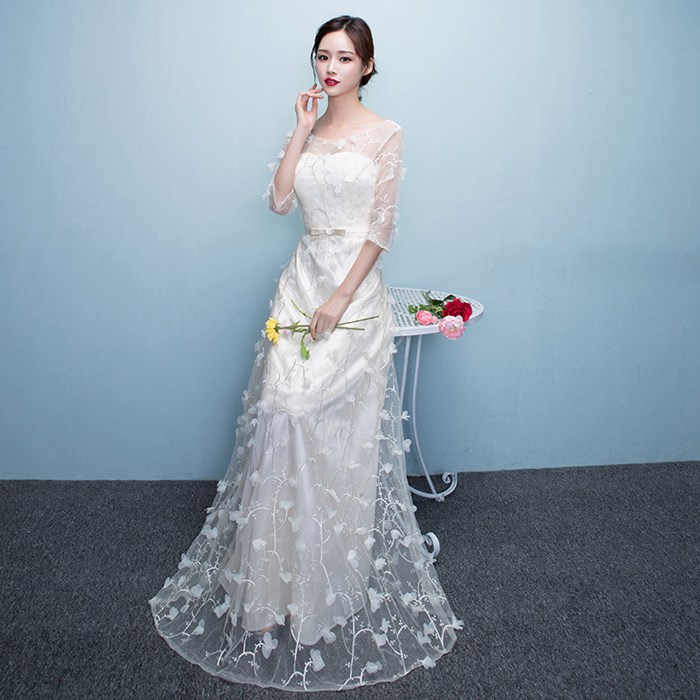 【Diary of love 愛の日記】一部短納期 ウェディングドレス 結婚式 二次会ドレス カクテル ドレス 結婚式 お呼ばれドレス 花嫁 二次会 シースルーファスナー パーティードレス 大きいサイズ 白 ワンピース 花柄 マキシ丈 五分袖 袖あり 透け感 フェミニン