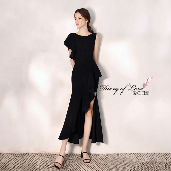 服装 フォーマル パーティードレス ブラック ロングドレス 結婚式 結婚式 演奏会 同窓会 呼ばれ フリル大人の魅力 ロングドレス パーティードレス パーティードレス 演奏会ドレス 披露宴 パーティードレス フォーマル アシンメトリー フリル パーティードレス 送料無料