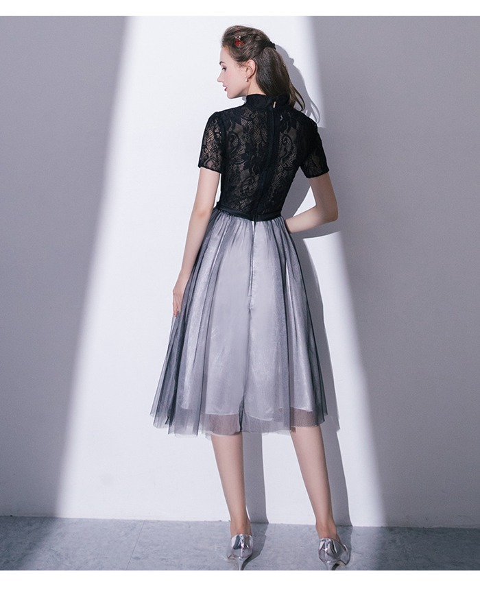 結婚式 ワンピース パーティードレス 花柄レーズのフレア袖 チャイナドレス 黒ドレス 大きいサイズ 演奏会 膝丈 二次会