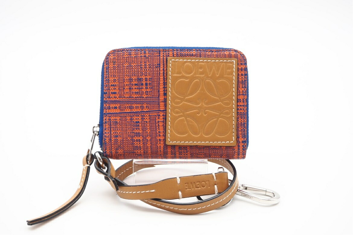 ★3日以内返品可★ 美品 LOEWE ロエベ アナグラム レザー ストラップ付 コインケース 13488AB17 コインケース オレンジ ブルー ベージュ レザー レディース【中古】