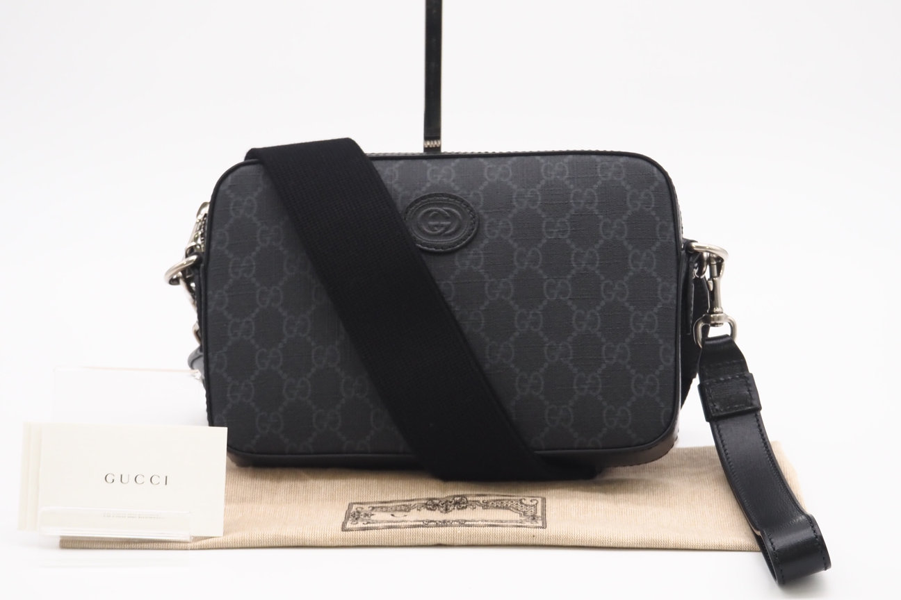 ★3日以内返品可★ 極美品 GUCCI グッチ GGスプリーム インターロッキングG クロスボディバッグ 703468 2wayショルダーバッグ ブラック グレー コーティングキャンバス メンズ【中古】