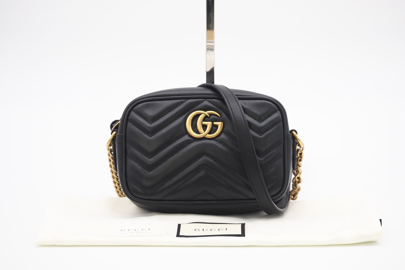 ★3日以内返品可★ 極美品 GUCCI グッチ GGマーモント ミニ カメラバッグ 448065 ショルダーバッグ ブラック レザー レディース【中古】