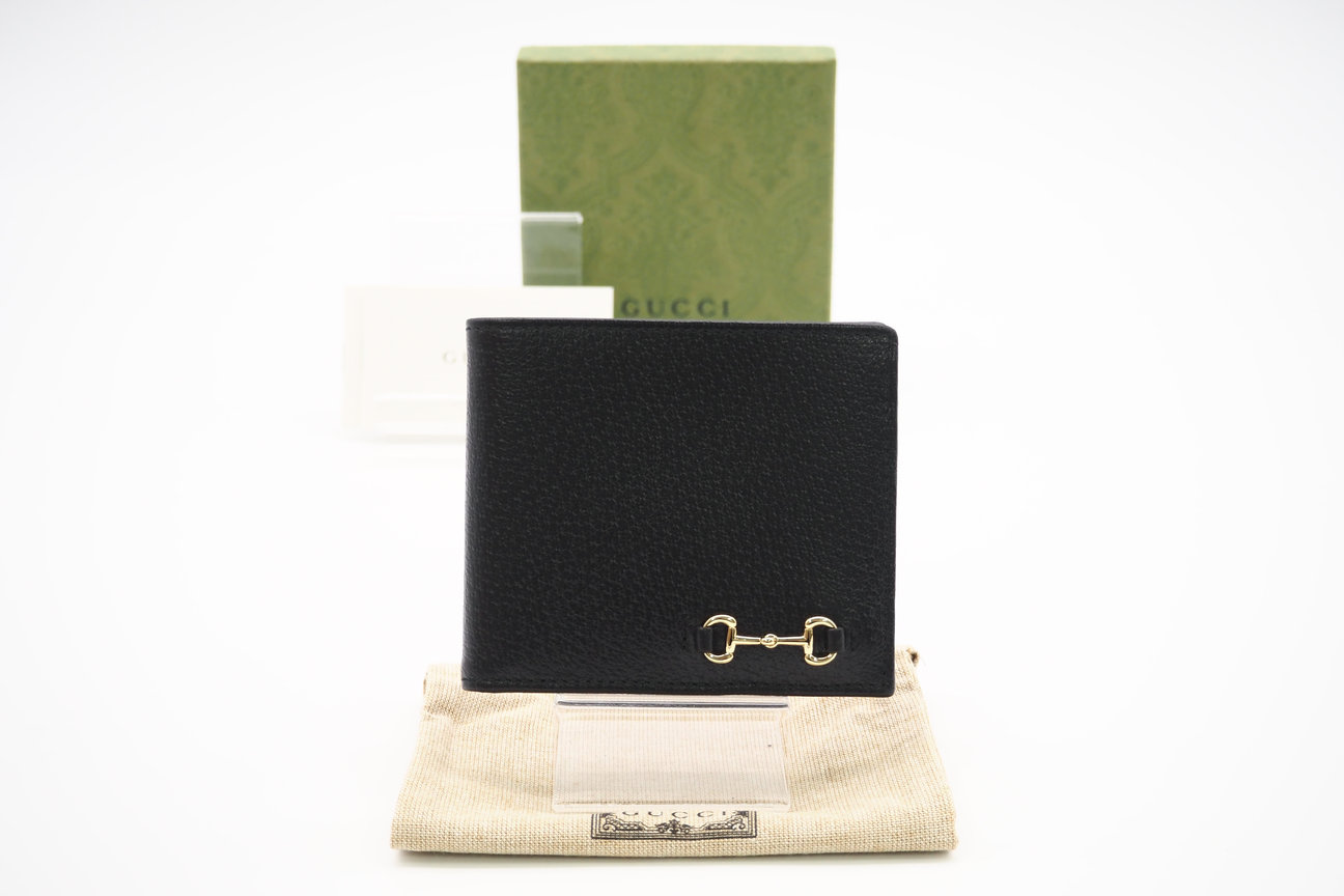 ★3日以内返品可★ 極美品 GUCCI グッチ ホースビット コンパクトウォレット 700462 二つ折り財布 ブラック レザー メンズ【中古】