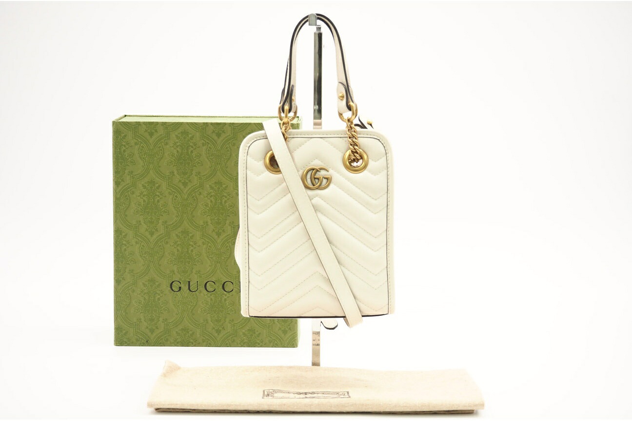 ★3日以内返品可★ 極美品 GUCCI グッチ GGマーモント レザー キルティング ミニバッグ 696123 2wayショルダーバッグ ホワイト レザー レディース【中古】
