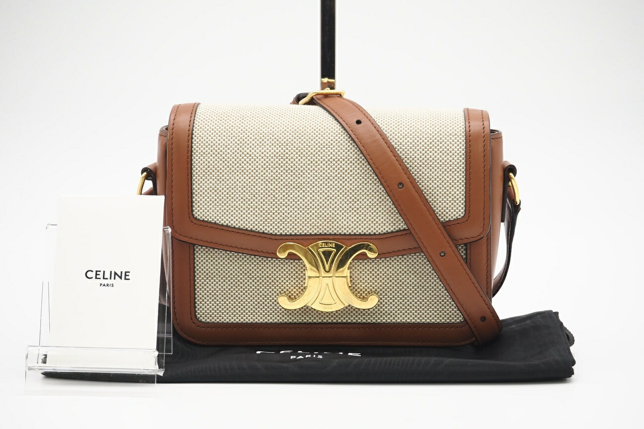 ★3日以内返品可★ 美品 CELINE セリーヌ テキスタイル \u0026 カーフスキン クラシック トリオンフ バッグ ナチュラル タン 188882EGC.02NT ショルダーバッグ ナチュラルタン キャンバス レディース【中古】