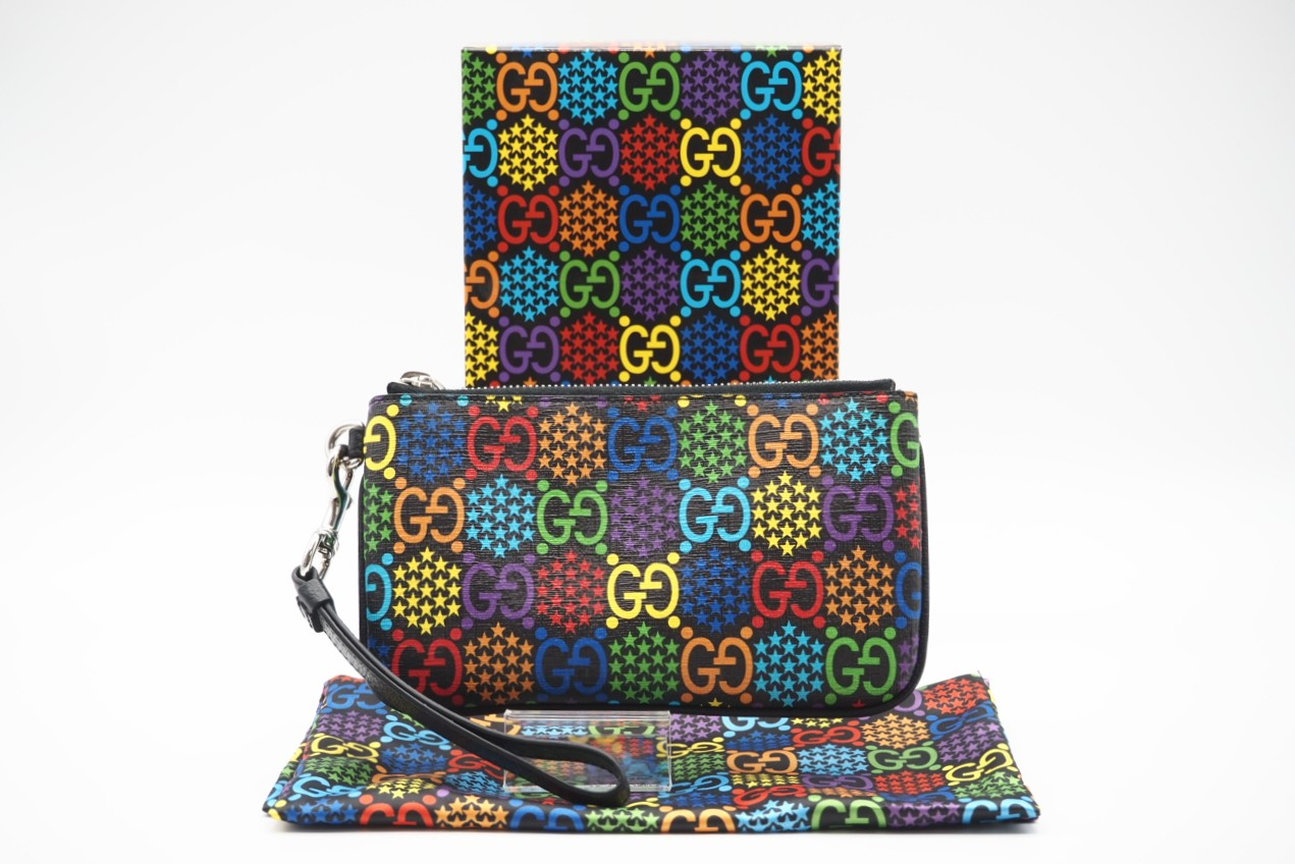 ★3日以内返品可★ 極美品 GUCCI グッチ GGサイケデリック なめし革 PVC 合切袋 マルチ色つや 603734 クラッチペダル御徒面子 黒いこと 上塗り帆布 なめし革 メンズ【中古】