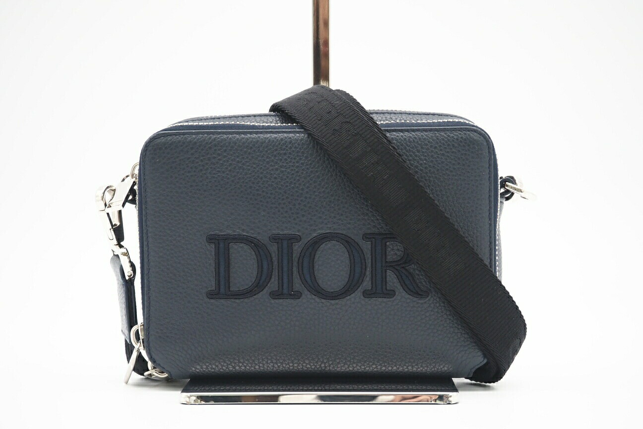 ★3日以内返品可★ 美品 Dior ディオール グレインドカーフスキン ロゴ刺繍 メッセンジャーバッグ ショルダーバッグ ネイビー レザー メンズ【中古】