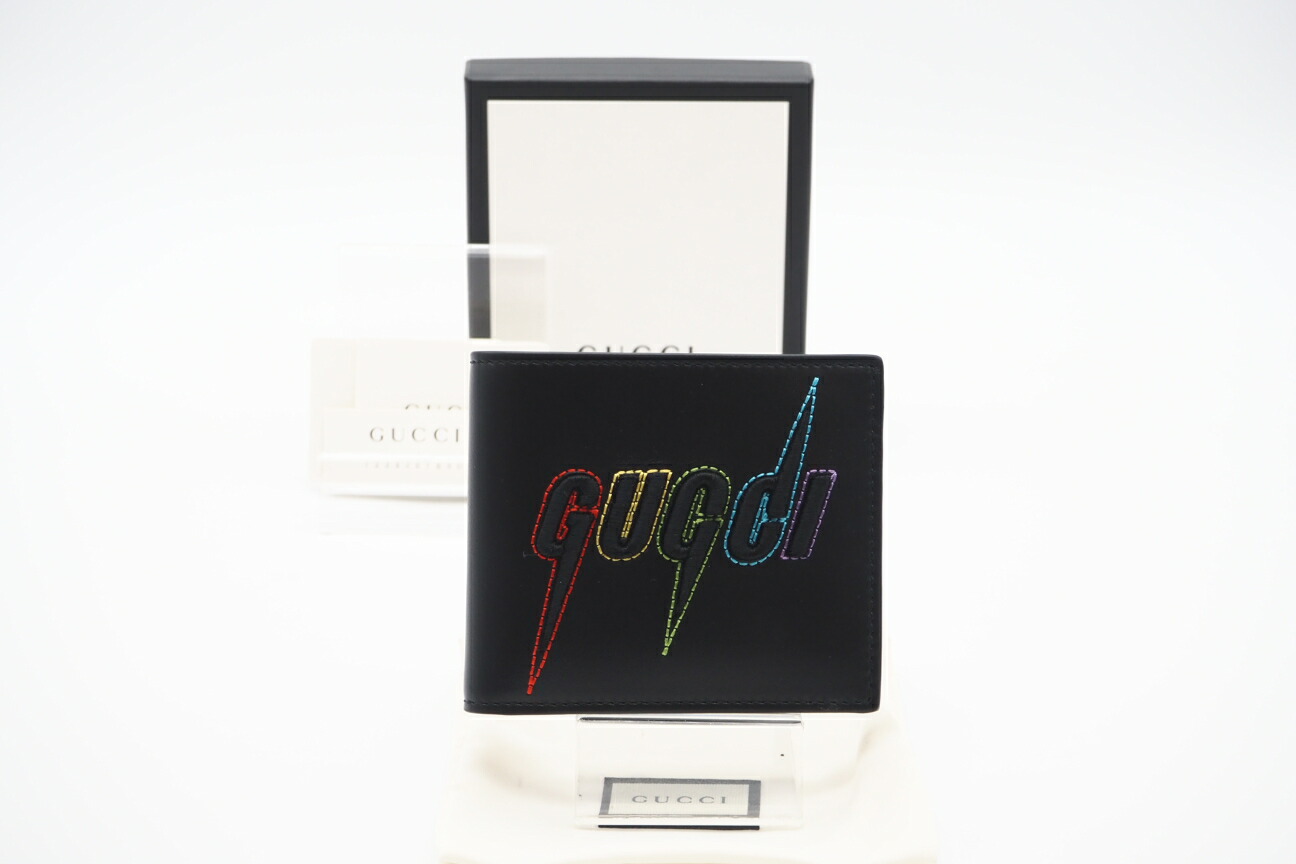 ★3日以内返品可★ 極美品 GUCCI グッチ レザー エンブロイダリー 二つ折り札入れ マルチカラー 597674 二つ折り財布 ブラック レザー メンズ【中古】