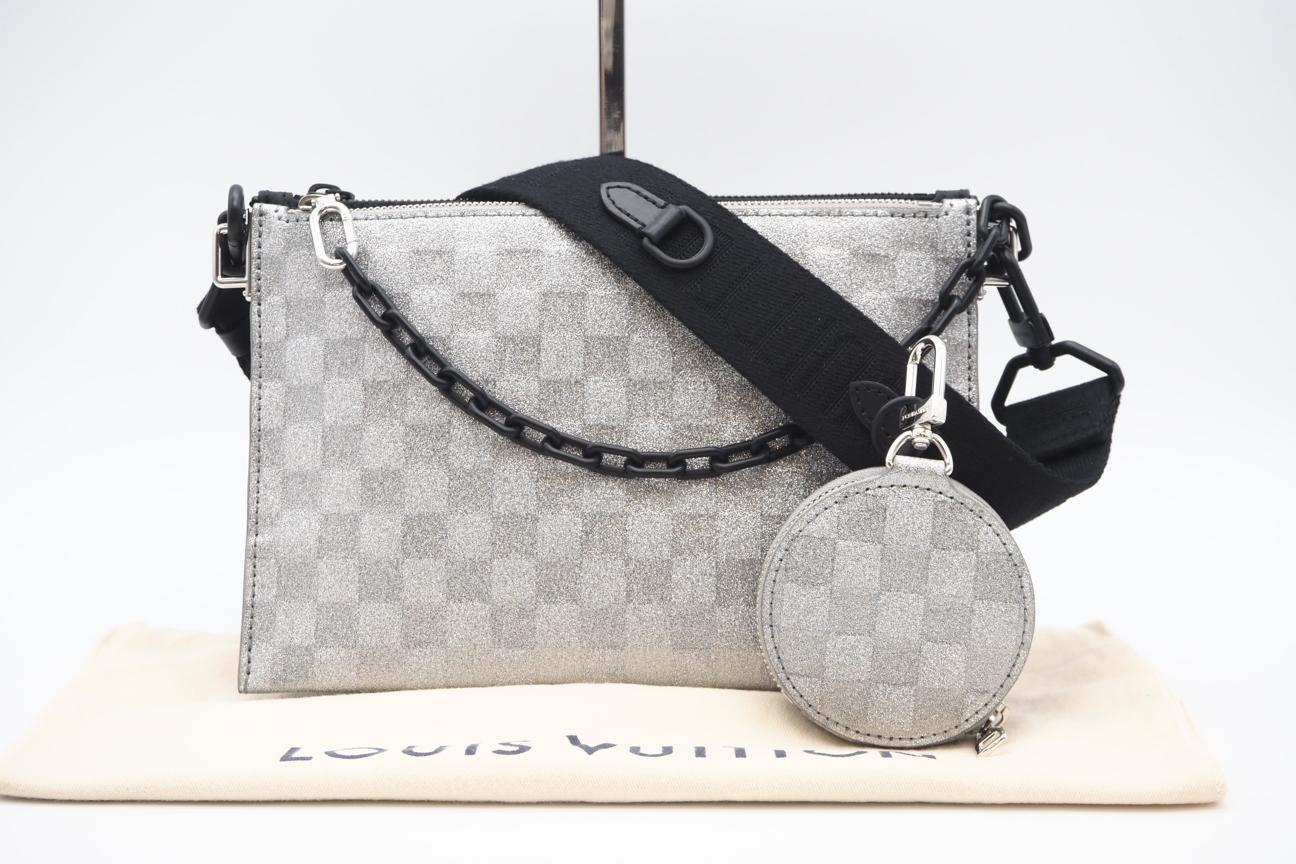 ★3日以内返品可★ 極美品 LOUIS VUITTON ルイ・ヴィトン ダミエ グリッター トリヨン モノグラム トリオポーチ NM M59682 2wayショルダーバッグ シルバー ブラック トリヨンレザー レディース【中古】