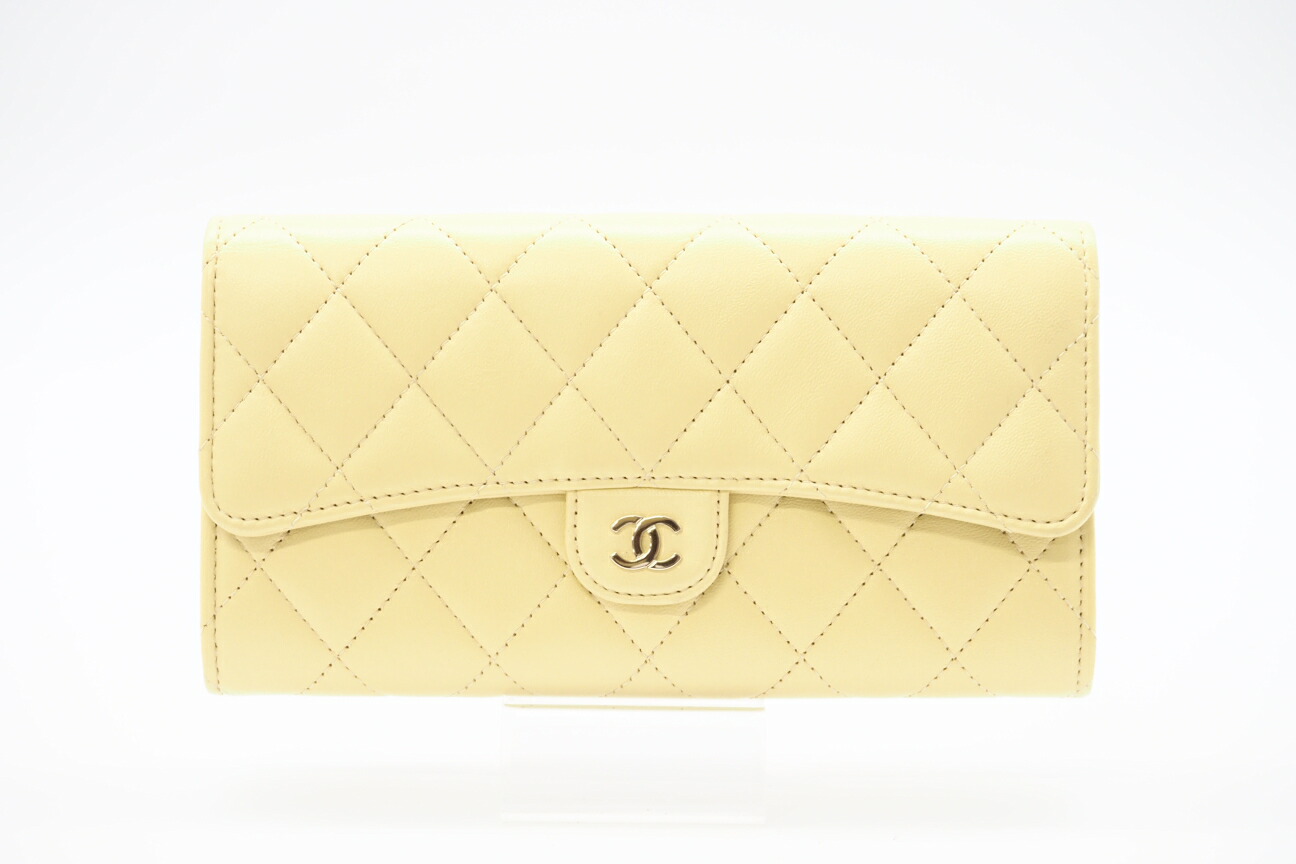 ★3日以内返品可★ 極美品 CHANEL シャネル ラムスキン マトラッセ クラシック ロング フラップ ウォレット AP0241 長財布 イエロー ラムスキン レディース【中古】