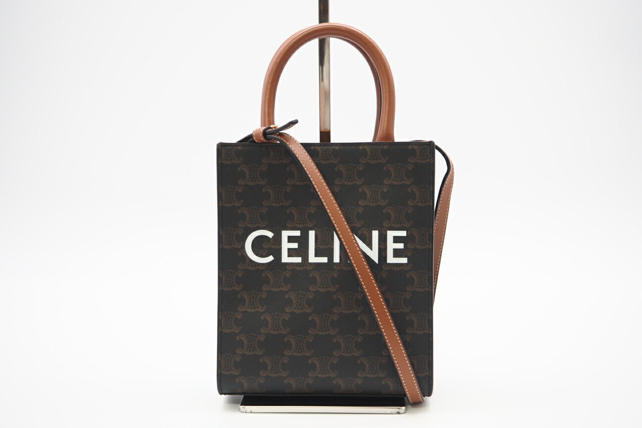 ★3日以内返品可★ 美品 CELINE セリーヌ トリオンフ キャンバス ミニ バーティカル カバ トートバッグ タン 194372BZK.04LU 2wayトートバッグ ブラウン ホワイト キャンバス レディース【中古】