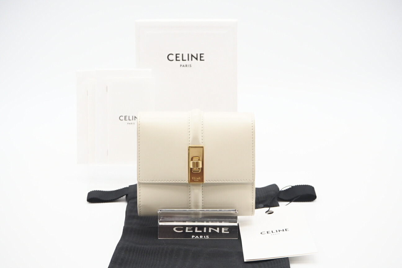 ★3日以内返品可★  CELINE セリーヌ サテンドカーフスキン スモールトリフォールドウォレット 10F523CQ7.38NO 三つ折り紙入れ 白いこと 繻子 レディース【中古】