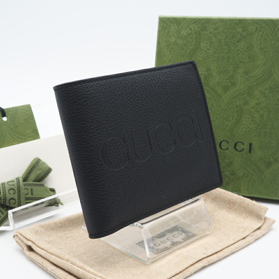 ★3日以内返品可★ 美品 GUCCI グッチ エンボスロゴ なめし革 二つ折り札入れ 658681 二つ折り札入れ 黒いこと なめし革 メンズ【中古】 財布・ケース-メンズ財布-バッグ・小物・ブランド雑貨