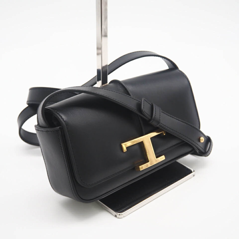 ★3日以内返品可★ 美品 TOD’S トッズ カーフレザー T ひと休み受け答え なめし革 差し交わす上半身 御徒面子 マイクロ XBWTTTC9000RORB999 ショルダーバッグ 黒いこと なめし革 レディース【中古】