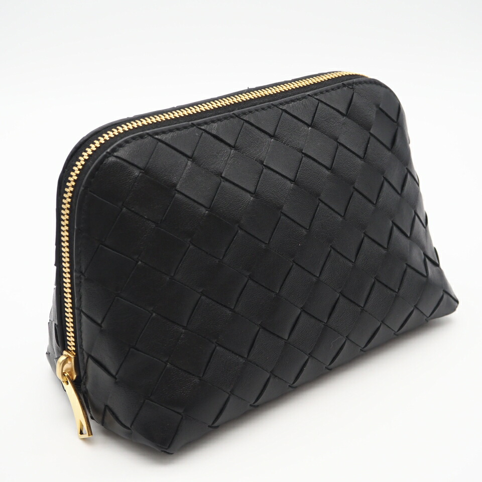 ★3日以内返品可★ 美品 BOTTEGAVENETA ボッテガヴェネタ イントレチャート中 レザー ビューティ ポーチ 785976V3IV08425 ポーチ ブラック レザー レディース【中古】