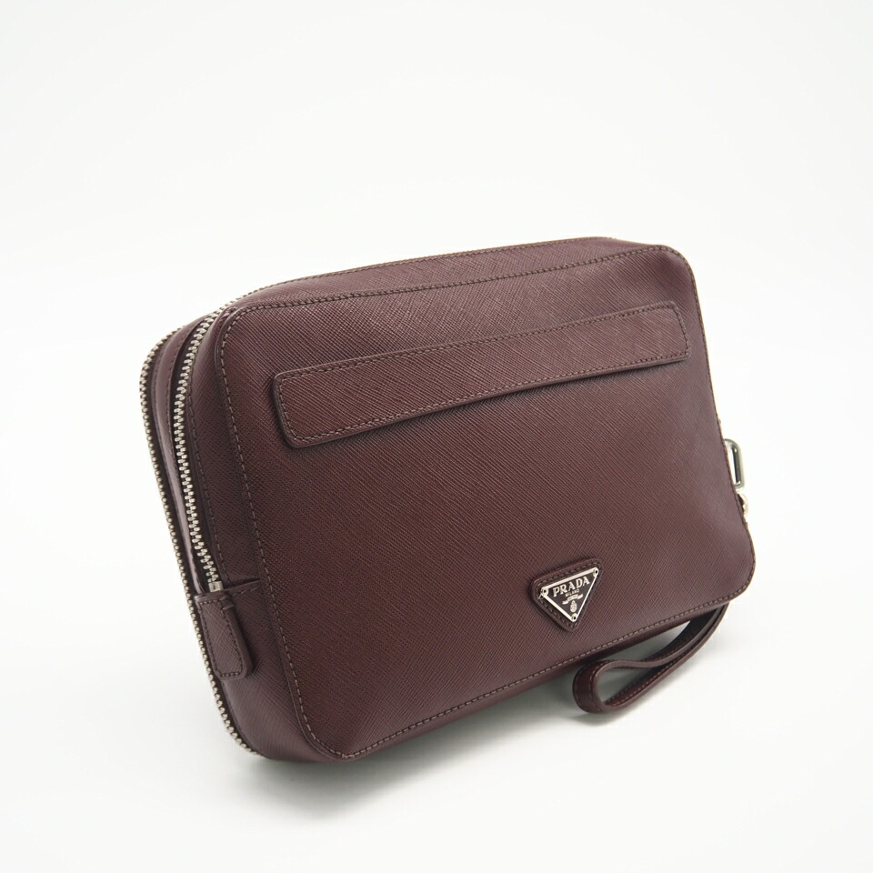 ★3日以内返品可★  PRADA プラダ サフィアーノ ロゴタイプ ダブルジップ 二番目御徒面子 VR0052 二番目御徒面子 赤銅色 なめし革 メンズ【中古】