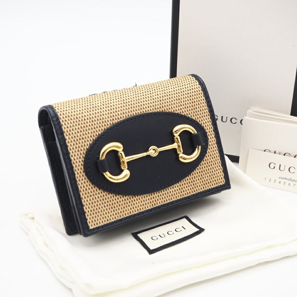 ★3日以内返品可★ 極美品 GUCCI グッチ 帆布 グッチ 導管ビット 1955 スモールウォレット 621887 二つ折り紙入れ ベージュ・黒いこと なめし革 帆布 レディース【中古】