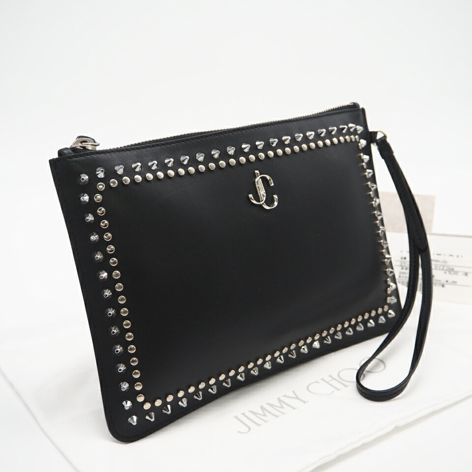 ★3日以内返品可★ 美品 JIMMY CHOO ジミーチュウ スムースカーフ Wスタッズ クラッチペダル御徒面子 193FARA.LGQ クラッチペダル御徒面子 黒いこと カーフレザー メンズ【中古】