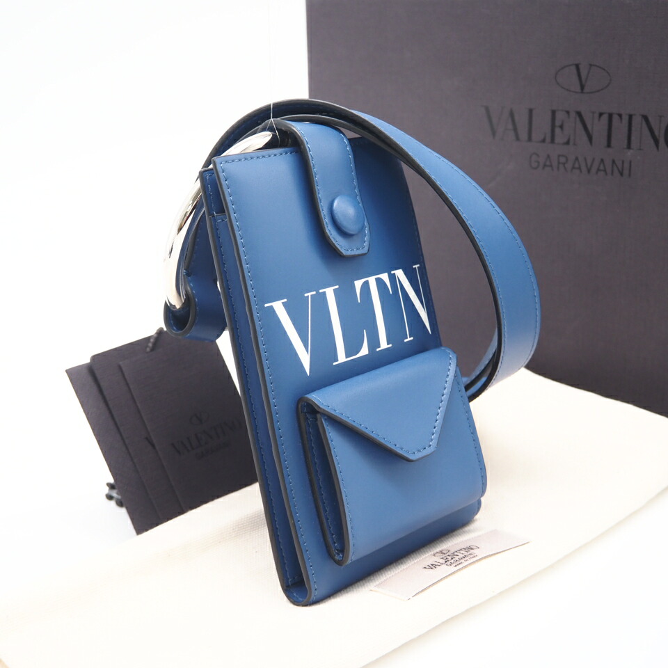 ★3日以内返品可★ 美品 VALENTINO ヴァレンティノ レザー ロゴ モバイルケース RY0P0Q41LVN ショルダーバッグ ブルー ホワイト レザー メンズ【中古】