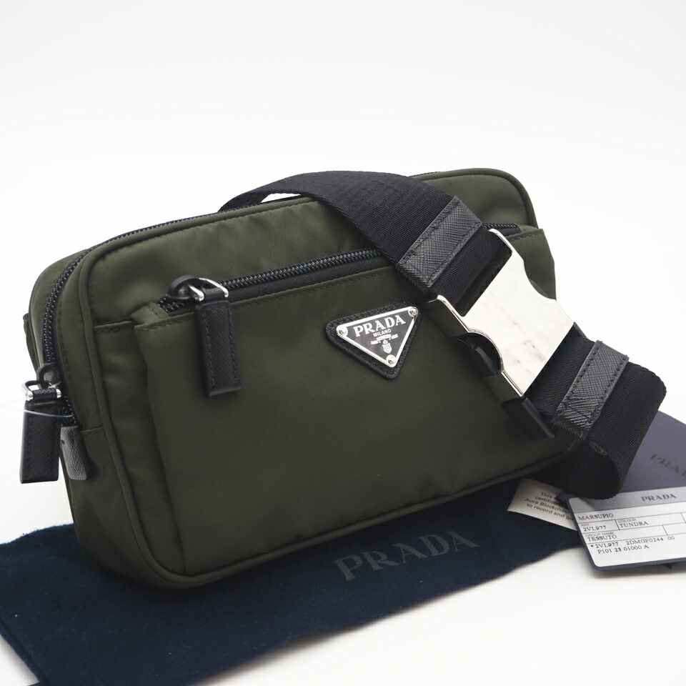 ★3日以内返品可★ 美品 PRADA プラダ Re-Nylon xサフィアーノ レザー ベルトバッグ 2VL977 ウエストバッグ カーキ ブラック ナイロン サフィアーノ メンズ【中古】