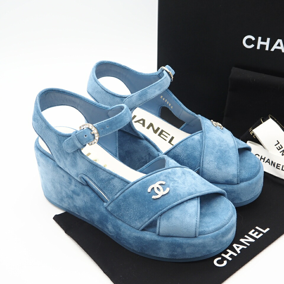 ★3日以内返品可★ 未当て嵌める CHANEL シャネル シャネル ココマーク ビジュー ウェッジソールサンダル 23 G45594 サンダル 青碧 スウェード レディース【中古】