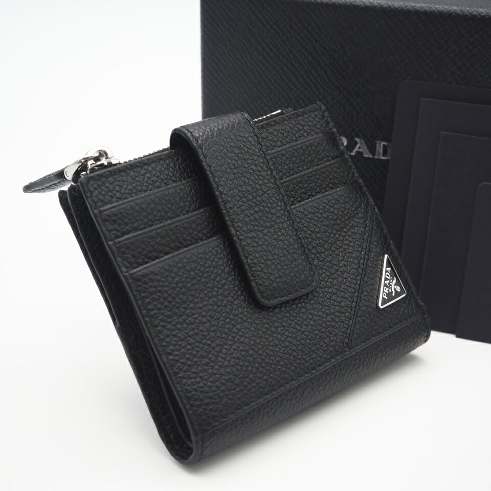 ★3日以内返品可★ 美品 PRADA プラダ ヴィッテロ マイクログレイン トライアングル コンパクトウォレット 2MC066 二つ折り財布 ブラック レザー メンズ【中古】