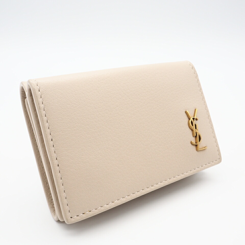 ★3日以内返品可★ 美品 YVES SAINT LAURENT イヴ・サンローラン なめし革 オリガミ タイニーウォレット 637420 三つ折り紙入れ ベージュ カーフレザー レディース【中古】