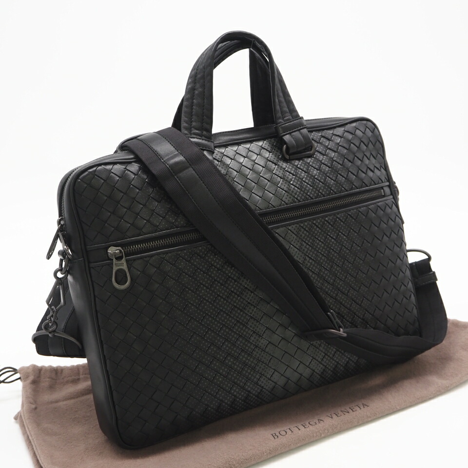 ★3日以内返品可★ 極美品 BOTTEGAVENETA ボッテガヴェネタ イントレチャート ブリーフケース - 2wayビジネスバッグ ブラック グレー レザー メンズ【中古】