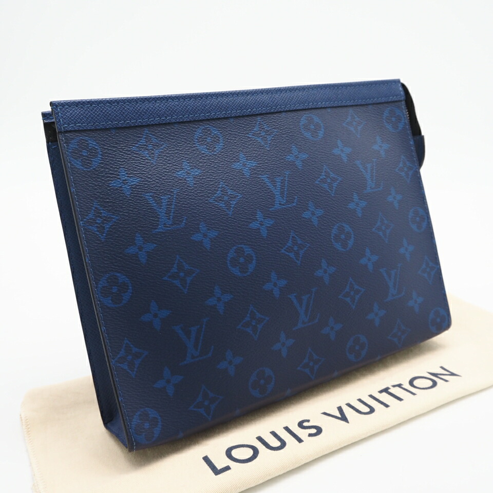 ★3日以内返品可★ 極美品 LOUIS VUITTON ルイ・ヴィトン タイガラマ ポシェット ヴォワヤージュ MM M30423 クラッチペダル御徒面子 青碧 上塗り帆布 なめし革 メンズ【中古】