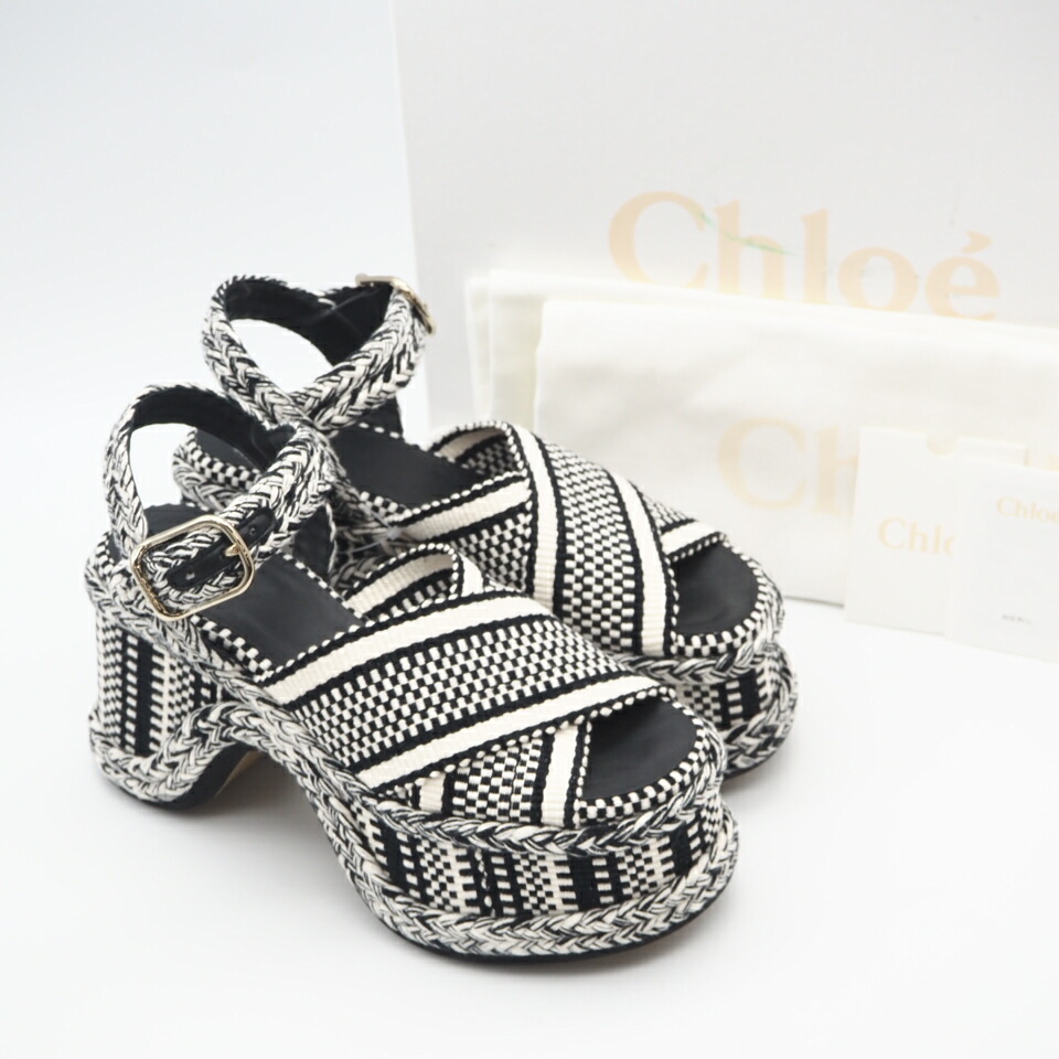 ★3日以内返品可★ 極美品 Chloe クロエ Meril 織地 サンダル 7 24 CHC22A650AJ90K37W サンダル ブラック・ホワイト コットン ラムスキン レディース【中古】