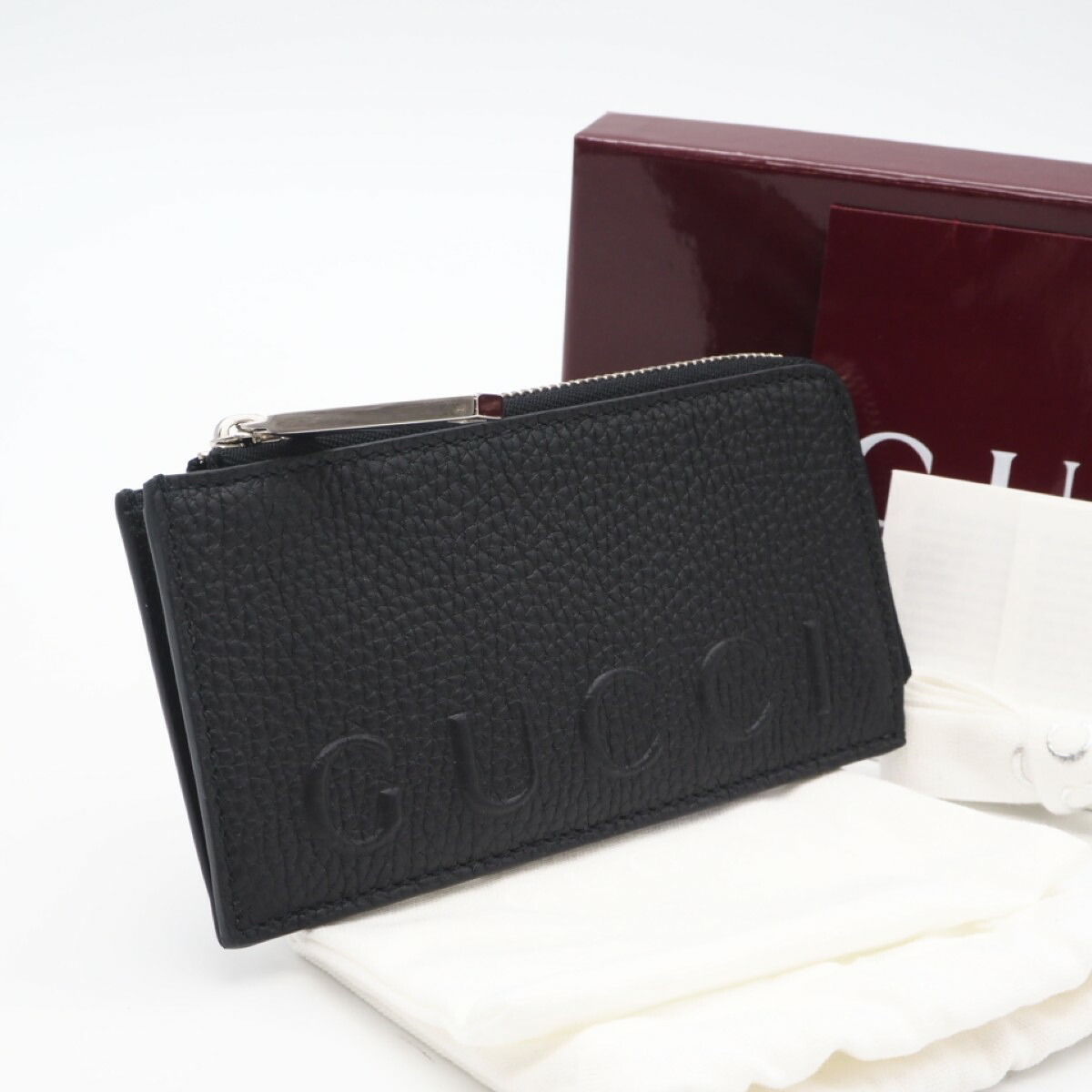 ★3日以内返品可★ 未当て嵌める GUCCI グッチ ロゴタイプ ジップカードケース 835073 コインケース 黒いこと グレインレザー メンズ【中古】