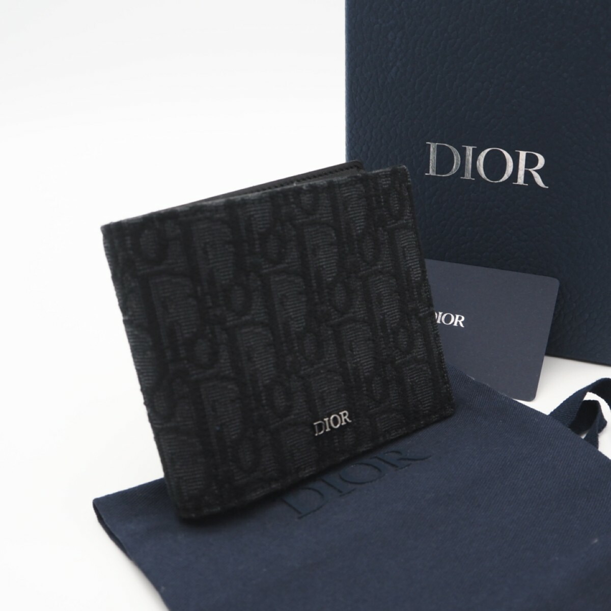 ★3日以内返品可★ 極美品 Dior ディオール ディオール オブリーク ジャカード コインケース付き　ウォレット 2OBBC027YSE_H05E 二つ折り財布 ブラック キャンバス レザー メンズ【中古】