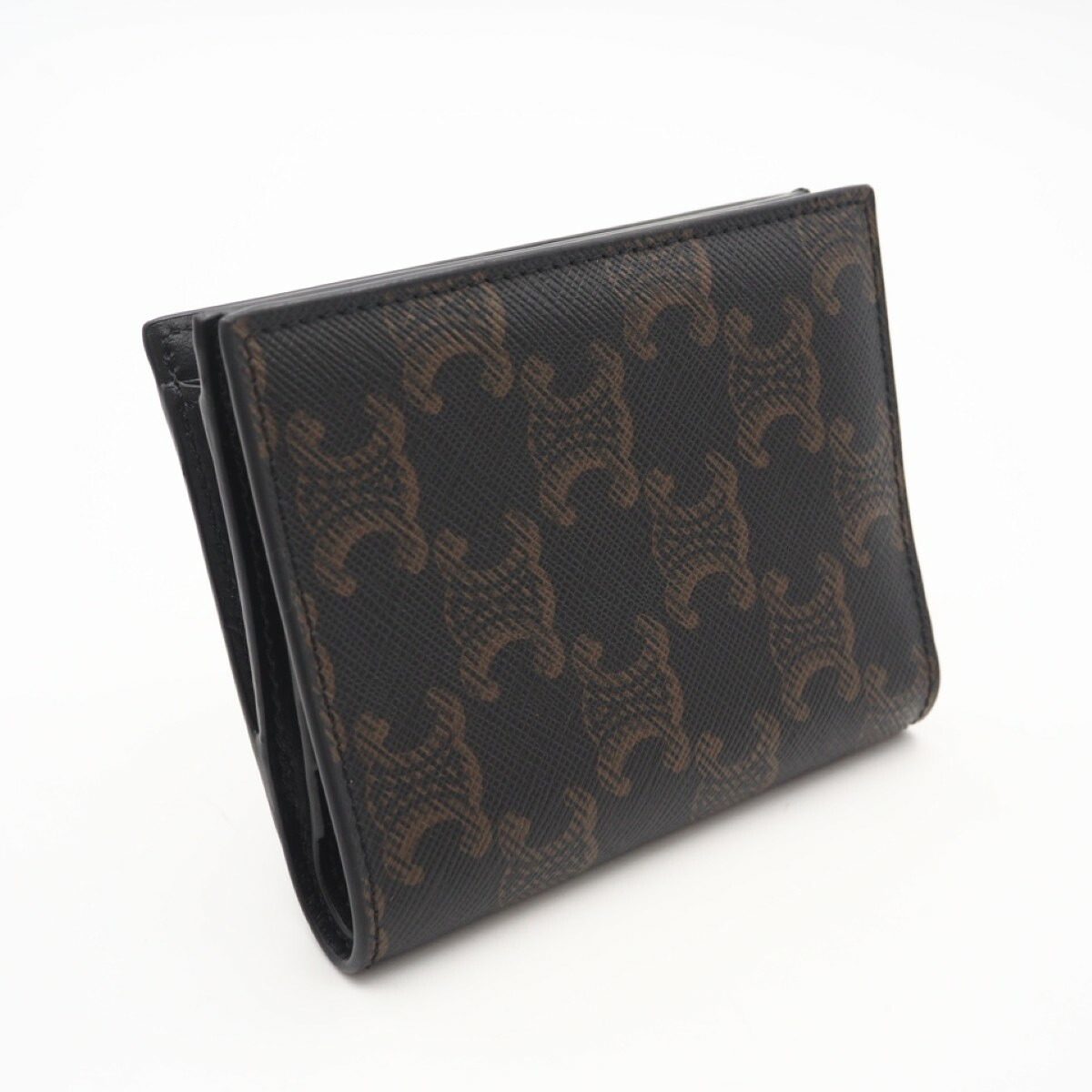 ★3日以内返品可★ 美品 CELINE セリーヌ トリオンフキャンバス コンパクトウォレット 10E492BZR 二つ折り紙入れ 赤銅色 黒いこと 上塗り帆布 なめし革 レディース【中古】