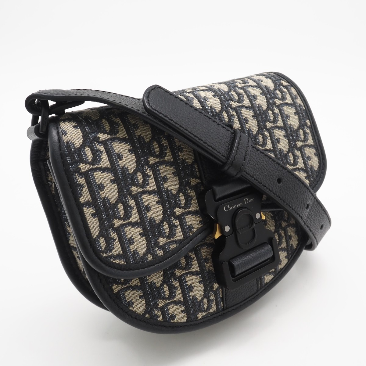 ★3日以内返品可★ 美品 Christian Dior クリスチャンディオール オブリークジャガード グレインドカーフスキン ギャロップバッグ ミニ 1ADPO033YKY_H27E ショルダーバッグ ネイビー グレー コットン キャンバス レディース【中古】