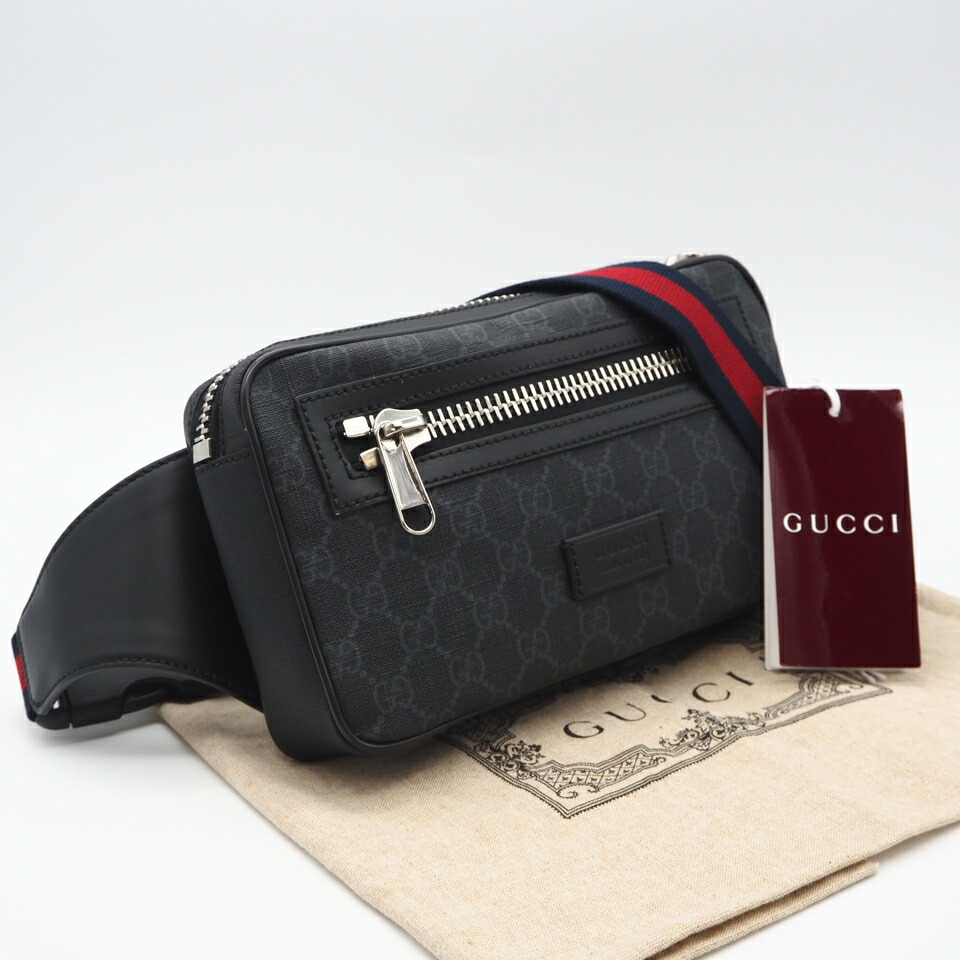 ★3日以内返品可★ 極美品 GUCCI グッチ GGスプリーム ソフトGGスプリーム ベルトバッグ 474293 ショルダーバッグ グレー ネイビー レッド コーティングキャンバス レザー メンズ【中古】