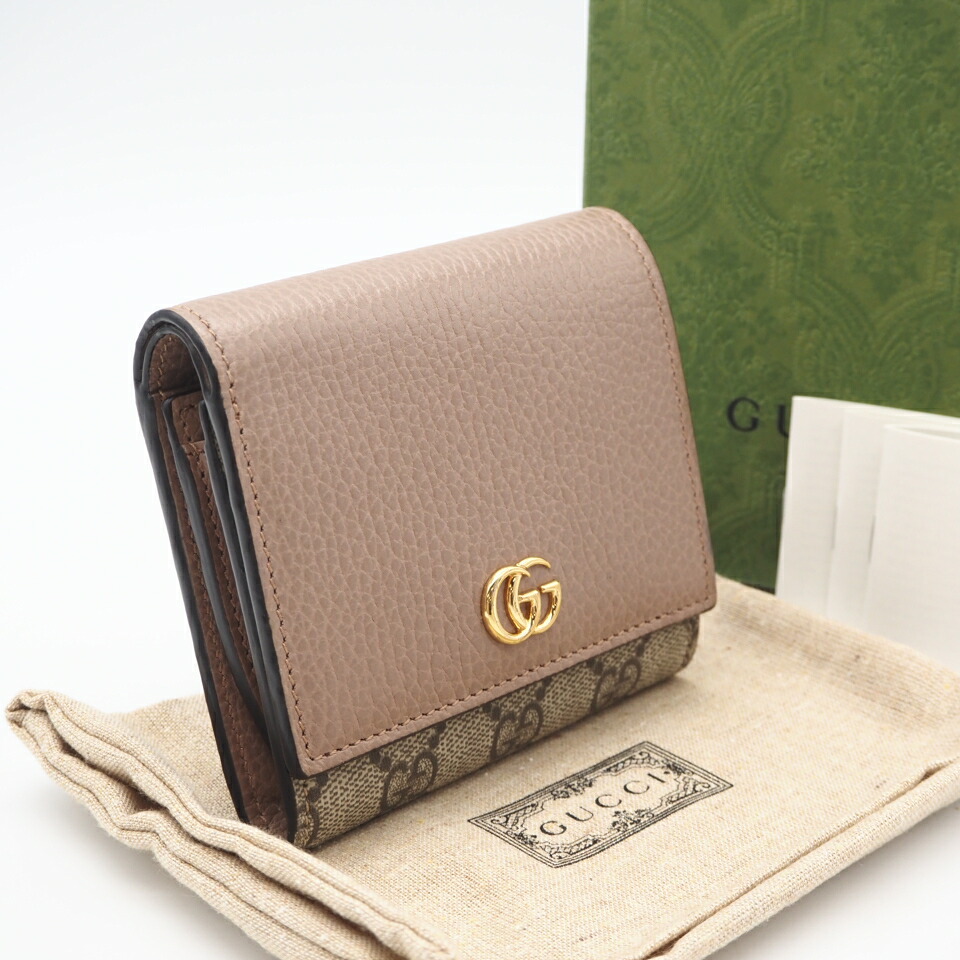 ★3日以内返品可★ 極美品 GUCCI グッチ GGスプリーム ダブルG バイ色つや 並み並み ウォレット 598587 二つ折り紙入れ ベージュ 赤銅色 なめし革 上塗り帆布 レディース【中古】