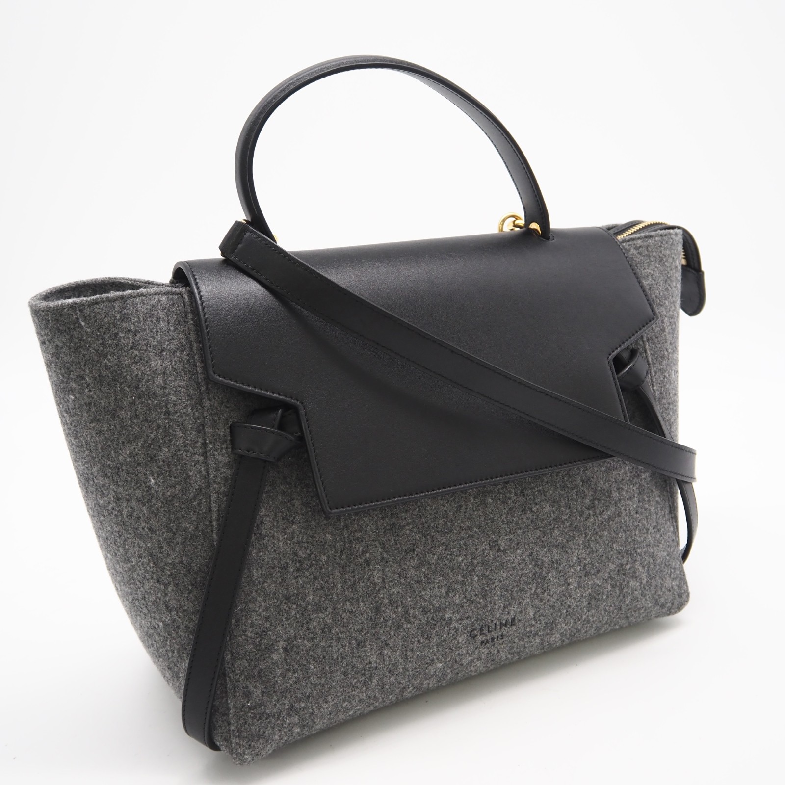 ★3日以内返品可★ 美品 CELINE セリーヌ フェルト なめし革 ベルトバッグマイクロ - 2wayハンドバック 薄墨色 黒いこと なめし革 レディース【中古】