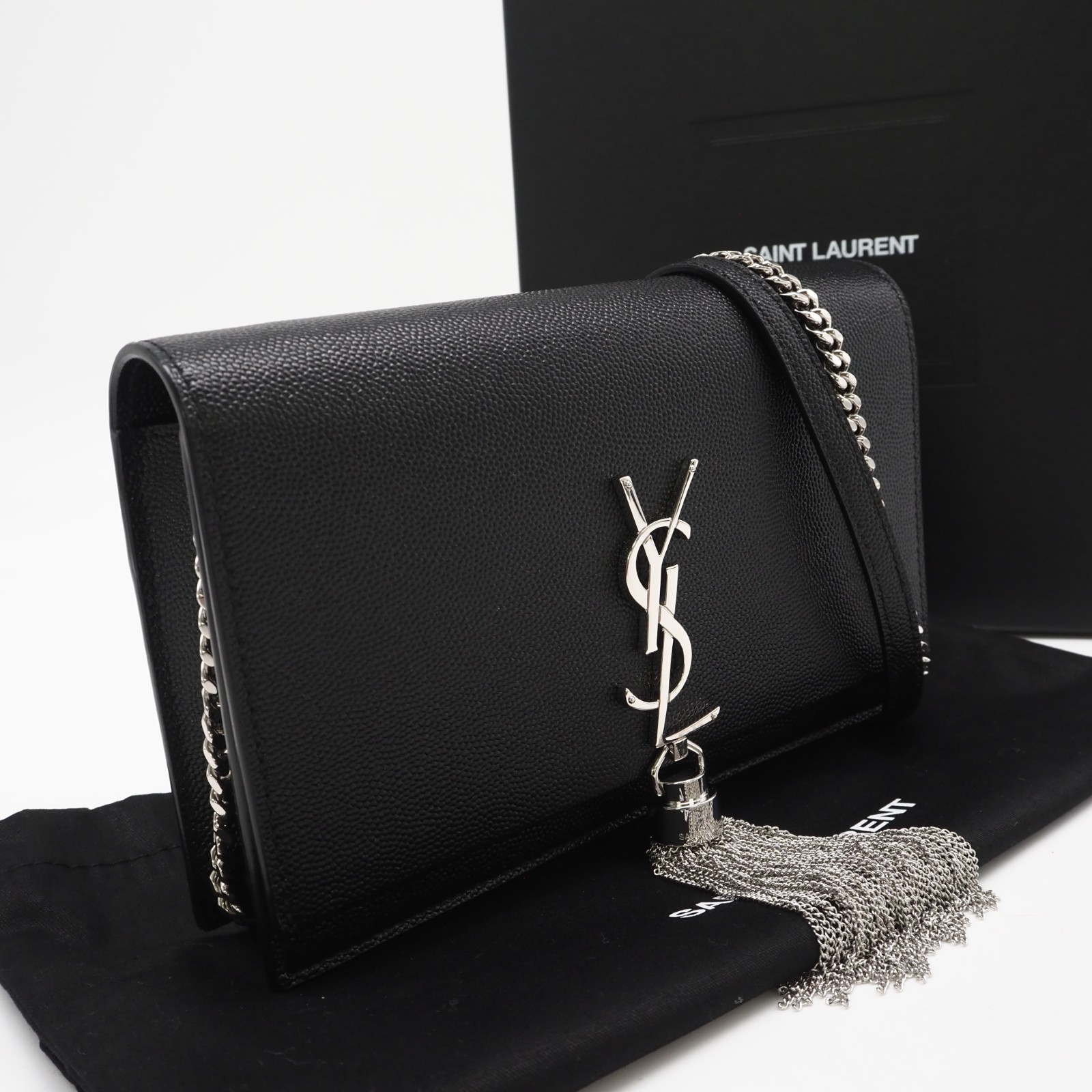 ★3日以内返品可★ 未当て嵌める SAINT LAURENT サンローラン ケイトタッセル スモール チェーンウォレット 452159 ショルダーバッグ 黒いこと しろがね色 なめし革 レディース【中古】