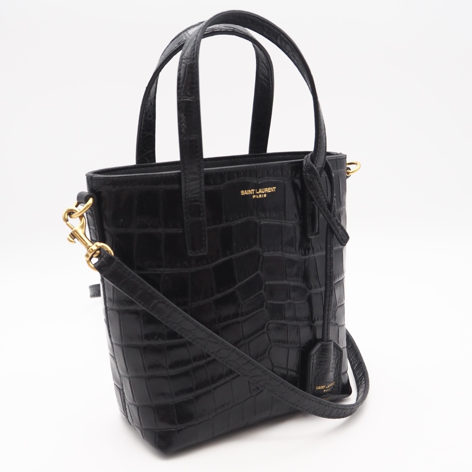 ★3日以内返品可★ 美品 SAINT LAURENT サンローラン クロコ型押し ミニ 遊び道具 買い出し 712367 2wayハンドバック 黒いこと クロコダイル なめし革 レディース【中古】