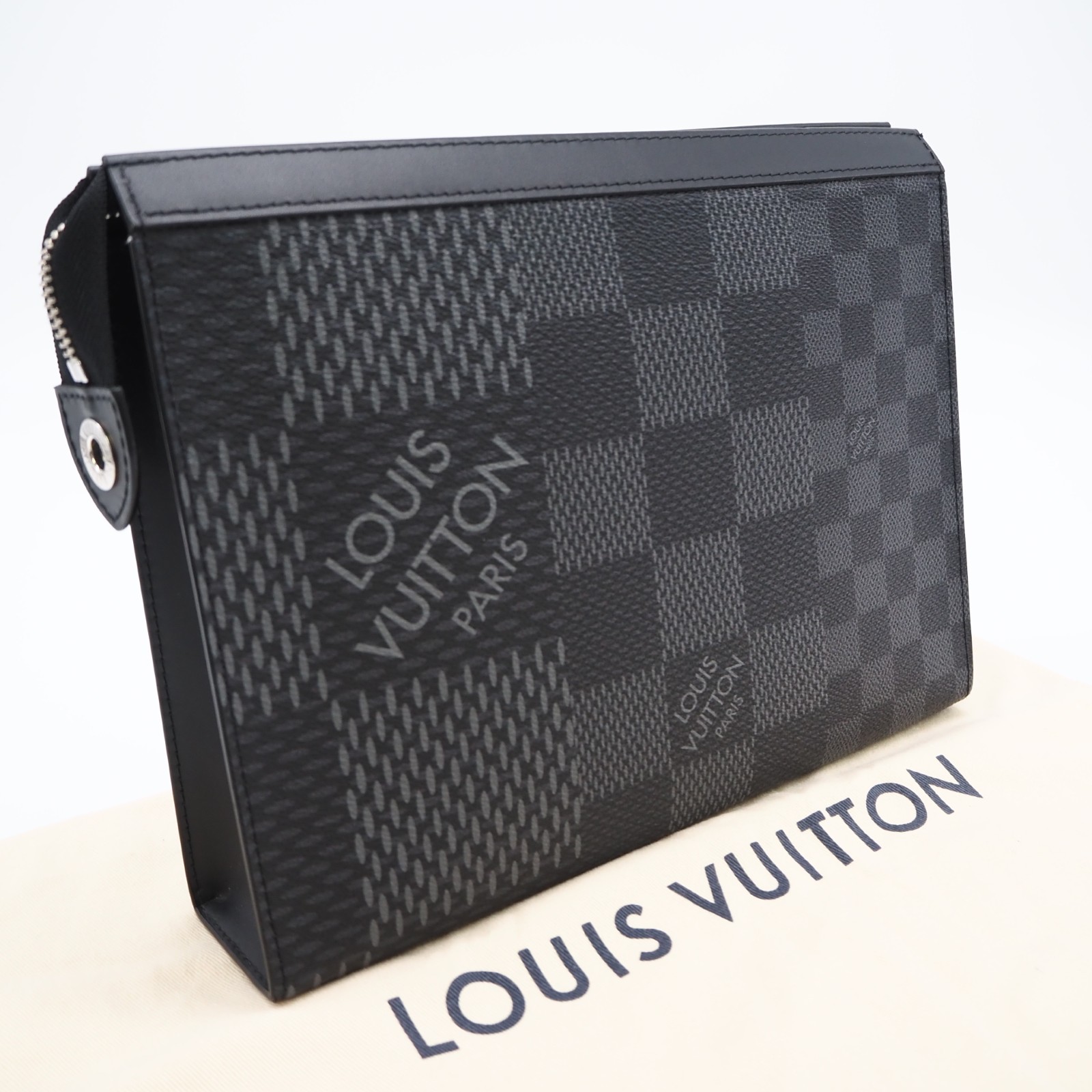 ★3日以内返品可★ 美品 LOUIS VUITTON ルイ・ヴィトン ダミエ グラフィット3D ポシェット ヴォワヤージュ MM N60444 クラッチペダル御徒面子 黒いこと 薄墨色 上塗り帆布 なめし革 メンズ【中古】