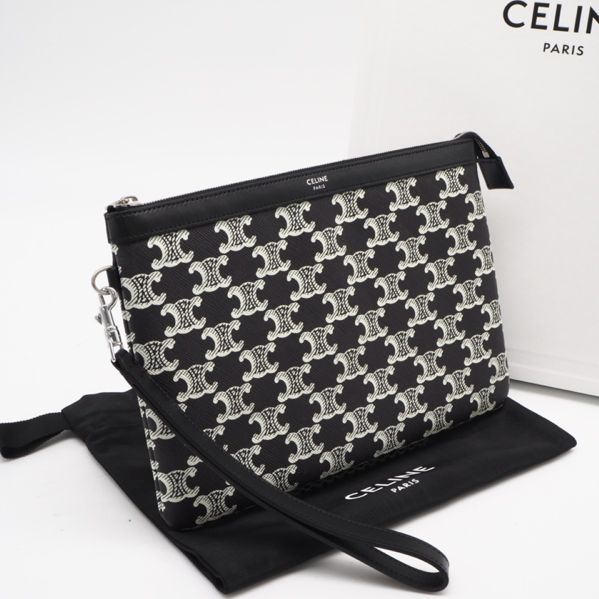 ★3日以内返品可★ 極美品 CELINE セリーヌ トリオンフキャンバス 同盟罷工一回り付き添い人合切袋 10L682FSM-38AW クラッチペダル御徒面子 黒いこと 白いこと 上塗り帆布 レディース【中古】