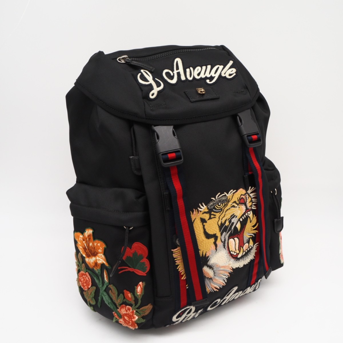 ★3日以内返品可★ 美品 GUCCI グッチ ナイロン 刺しゅう 虎 御徒面子容器に並べる 429037 背嚢・デイパック 黒いこと マルチ色合い ナイロン メンズ【中古】