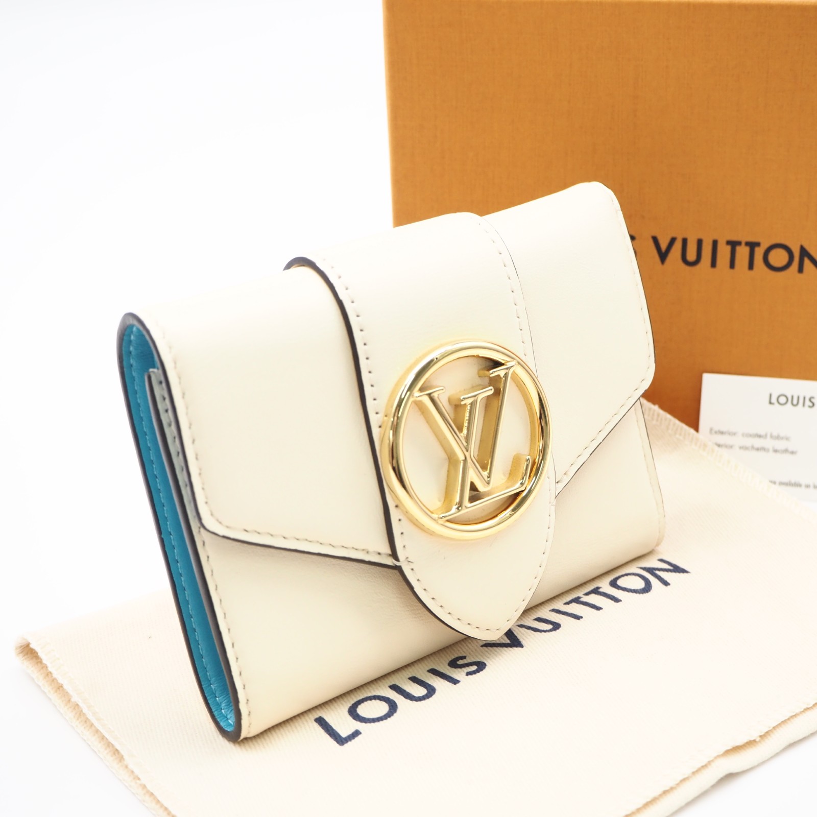 ★3日以内返品可★ 美品 LOUIS VUITTON ルイ・ヴィトン カーフスキン ポルトフォイユ LVポンヌフ パウダーコンパクト M69176 三つ折り紙入れ 皮膚軟化剤 青み カーフレザー レディース【中古】