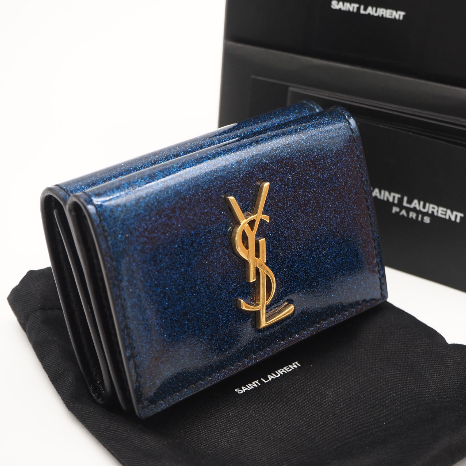 ★3日以内返品可★ 美品 SAINT LAURENT PARIS サンローランパリ 専売特許なめし革 コンパクトウォレット ART517378 三つ折り紙入れ 青味 専売特許なめし革 レディース【中古】