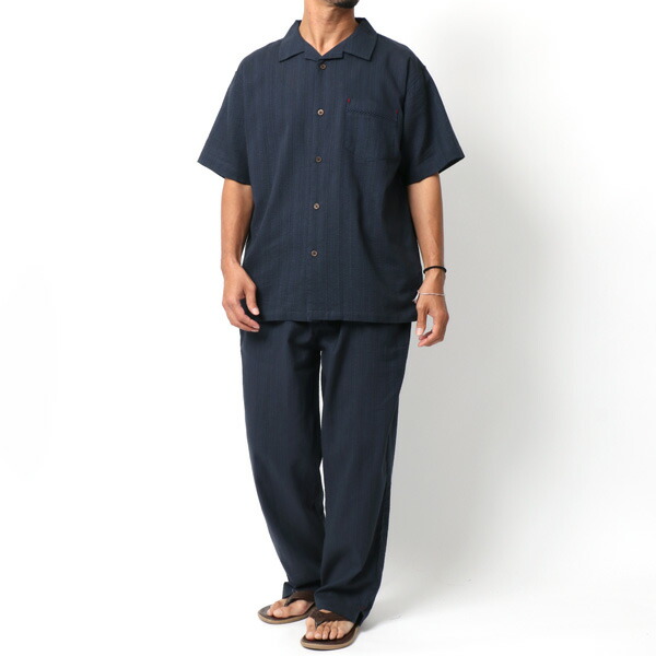 上下セット メンズ しじら 半袖 セットアップ 上下 ロングパンツ 長ズボン バンドカラー オープンカラー 開襟 寝巻き パジャマ ルームウェア 部屋着 おしゃれ オシャレ 大人 韓国 ファッション メンズファッション M L Ll Xl 春 夏 秋 Mru 年間ランキング6年連続受賞