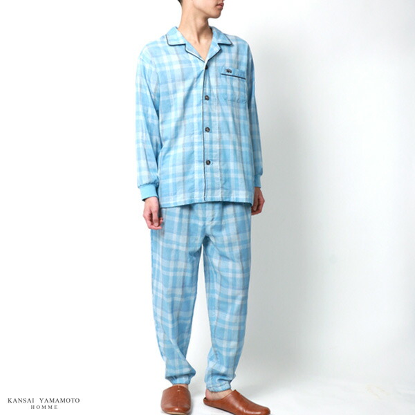 パジャマ メンズ 長袖 綿100 Kansai Yamamoto Homme カンサイヤマモト オム ガーゼ チェック サイ 刺繍 Mru 格子 上下セット セットアップ ルームウェア 部屋着 おしゃれ オシャレ 大人 ペアルック 30代 40代 50代 春 夏 秋 冬 M L