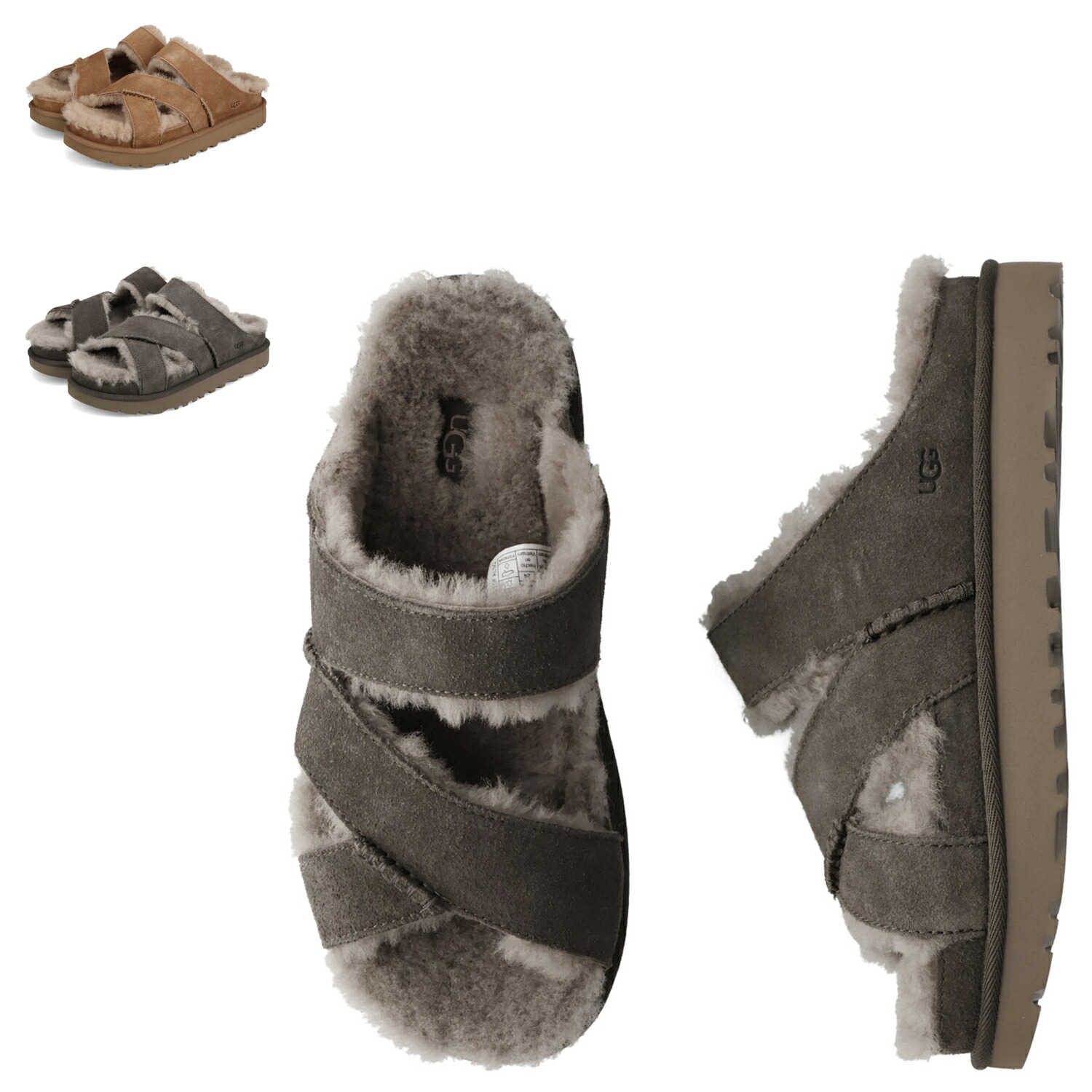 UGG GREENPORT CROSS STRAP SLIDE アグ サンダル スリッパ グリーンポート クロスストラップ スライド レディース 厚底 チェスナット ダーク グレー 1178470