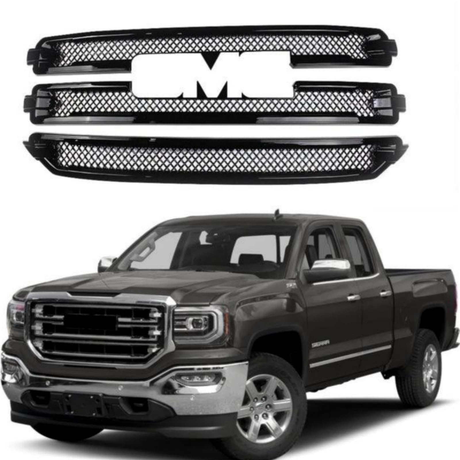 GMC シエラ Sierra 1500 SLT 2016-2018 専用 グリルオーバーレイ フロントフードグリル グロスブラック ドレスアップカバー バンパー|ビッグファーム